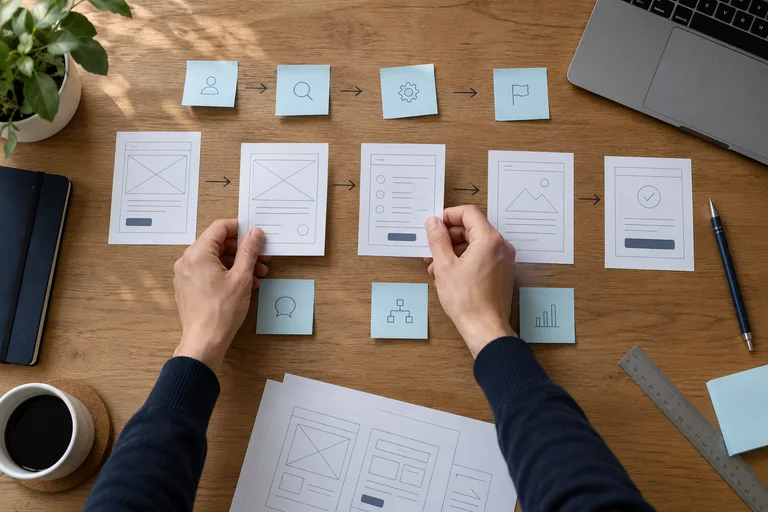 Photo générée par IA : organisation de maquettes papier pour cadrer un parcours web