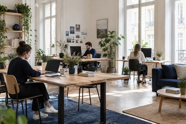 Photo générée par IA : espace de travail avec plusieurs postes informatiques