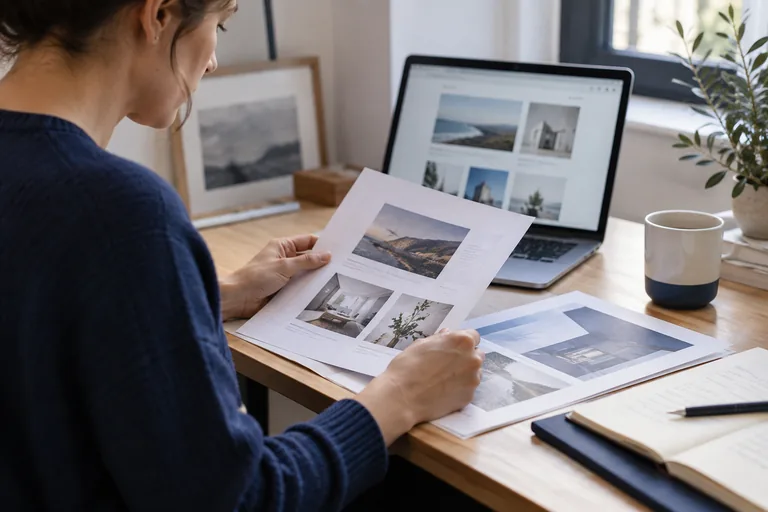 Photo générée par IA : examen de références de projets sur papier et ordinateur