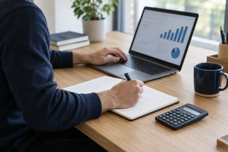 AI-generated photograph: reviewing charts and taking dashboard notes