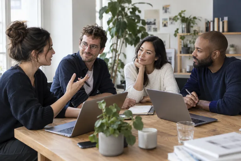 Photo générée par IA : échange autour d’une table de travail avec des ordinateurs