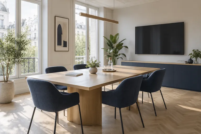 Photo générée par IA : salle de réunion lumineuse avec table et chaises