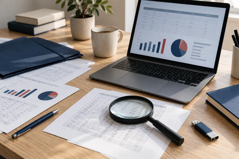 Illustration générée par IA : dossiers, tableau de données et loupe sur un bureau